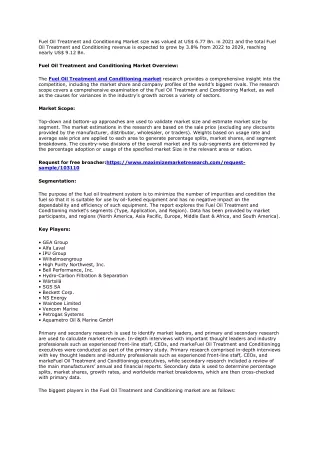 Global Overview and Forecast for the Fuel Oil Treatment and Conditioning Market