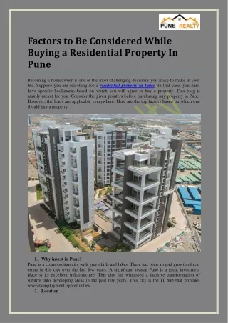 Factors to Be Considered While Buying a Residential Property In Pune