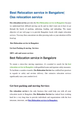 Best Relocation service in Bangalore| Oss relocation service