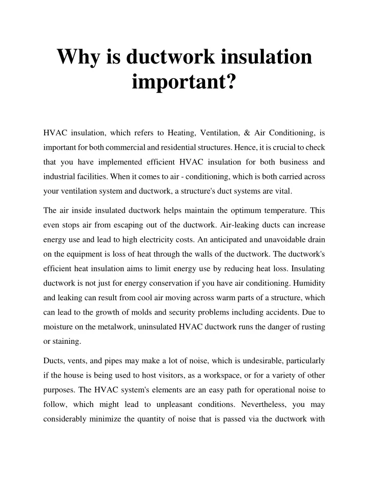 why is ductwork insulation important
