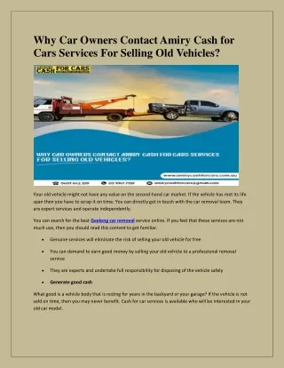 Why Car Owners Contact Amiry Cash for Cars Services For Selling Old Vehicles?