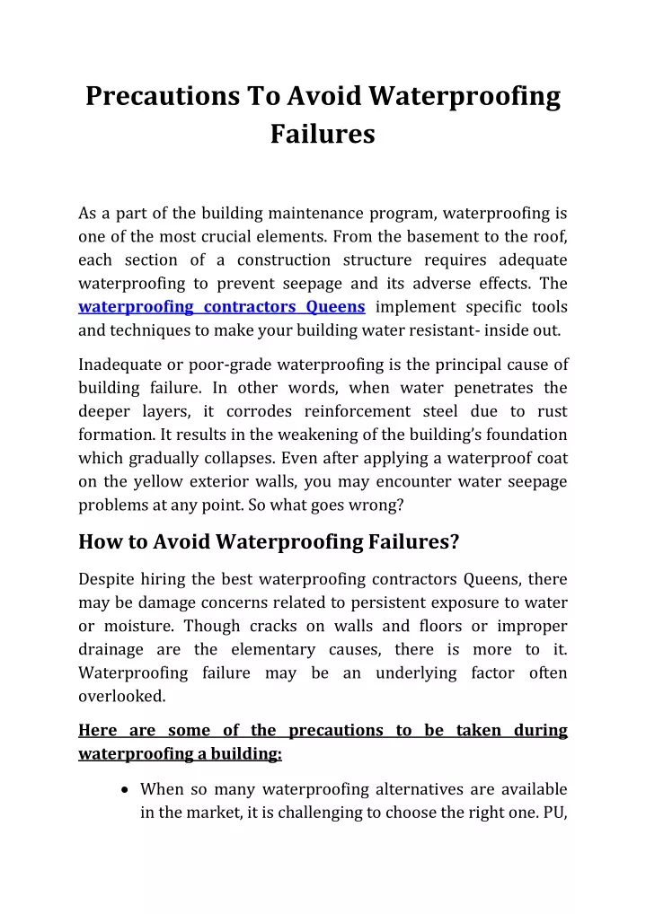 precautions to avoid waterproofing failures