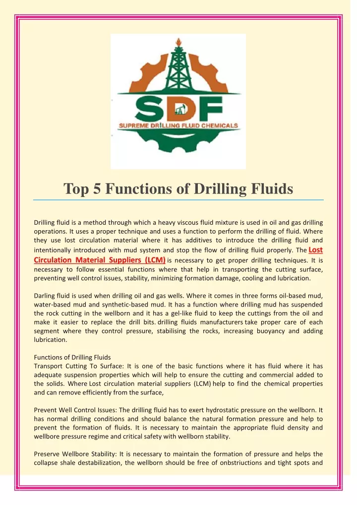 top 5 functions of drilling fluids