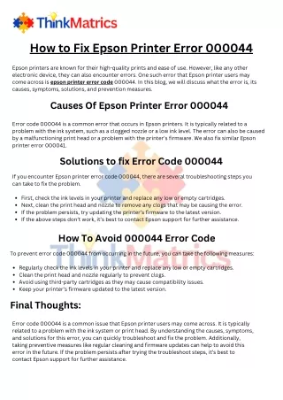 How to Fix Epson Printer Error 000044