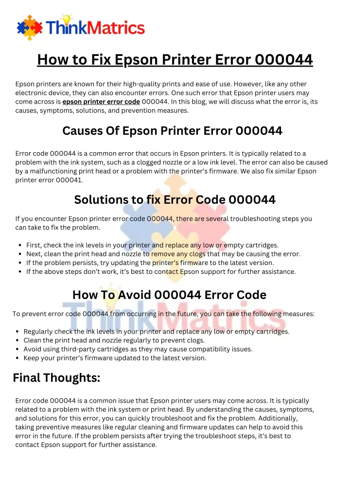 how to fix epson printer error 000044