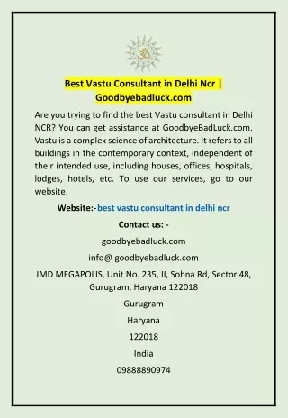 Best Vastu Consultant in Delhi Ncr | Goodbyebadluck.com