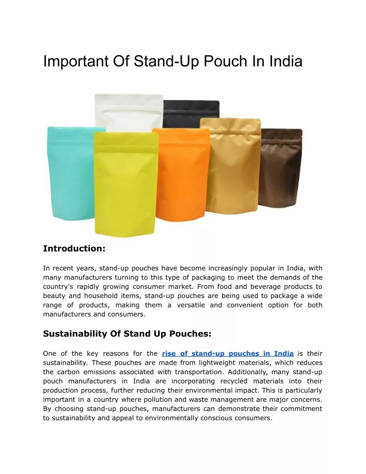 important of stand up pouch in india