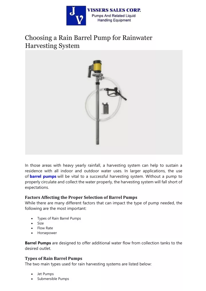 choosing a rain barrel pump for rainwater