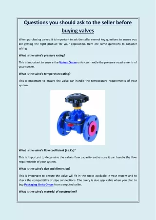 Questions you should ask to the seller before buying valves