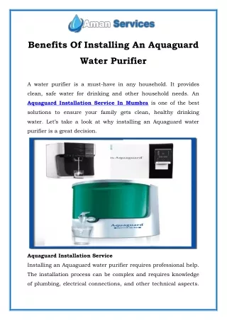 Benefits Of Installing An Aquaguard Water Purifier