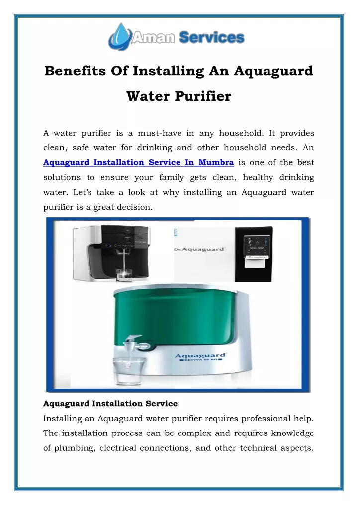 benefits of installing an aquaguard water purifier