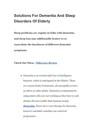 Solutions For Dementia And Sleep Disorders Of Elderly