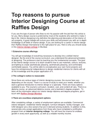 Top reasons to pursue Interior Designing Course at Raffles Design