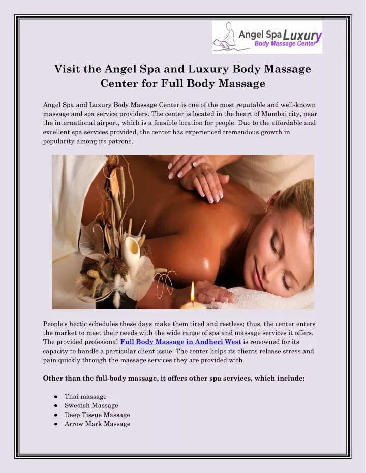 visit the angel spa and luxury body massage