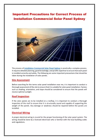 Important Precautions for Correct Process of Installation Commercial Solar Panel Sydney