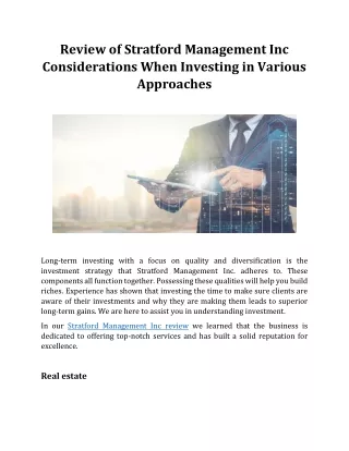 Review of Stratford Management Inc Considerations When Investing in Various Approaches