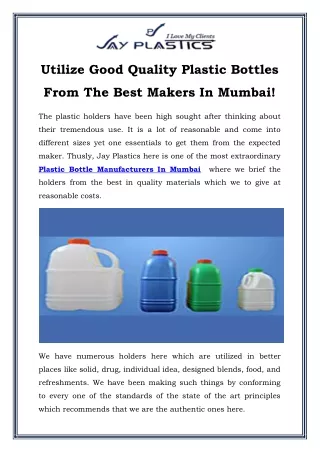 Utilize Good Quality Plastic Bottles From The Best Makers In Mumbai