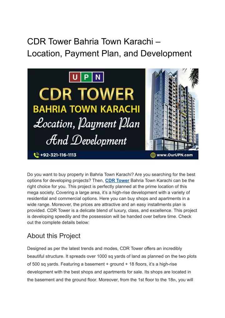 cdr tower bahria town karachi location payment