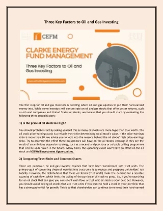 Three Key Factors to Oil and Gas Investing