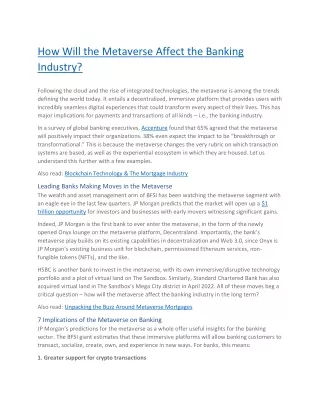 How Will the Metaverse Affect the Banking Industry