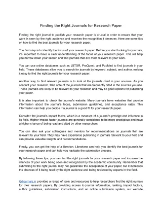 Finding the Right Journals for Research Paper