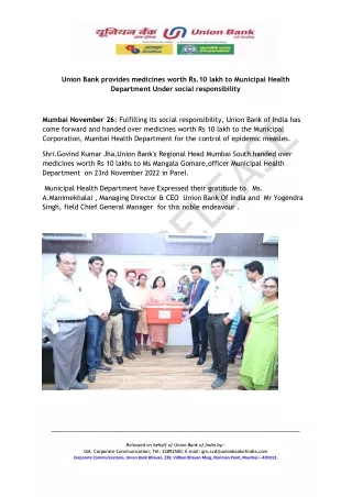 UBI provides medicines worth Rs.10 lakh to MHD Under social responsibility