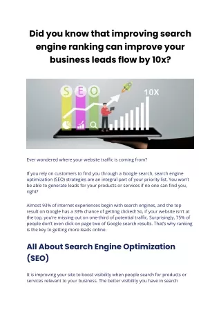 Did you know that improving search engine ranking can improve your business leads flow by 10x
