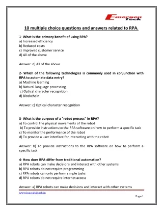10 multiple choice questions and answers related to RPA