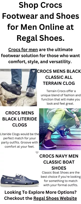 Shop Crocs Footwear and Shoes for Men Online at Regal Shoes.