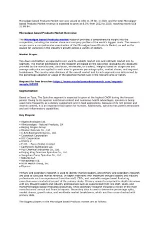 Market for Products Made From Microalgae: Global Industry Analysis 2029