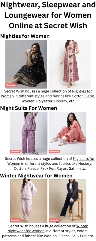 Nightwear, Sleepwear and Loungewear for Women Online at Secret Wish