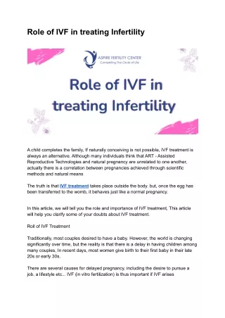 Role of IVF in treating Infertility