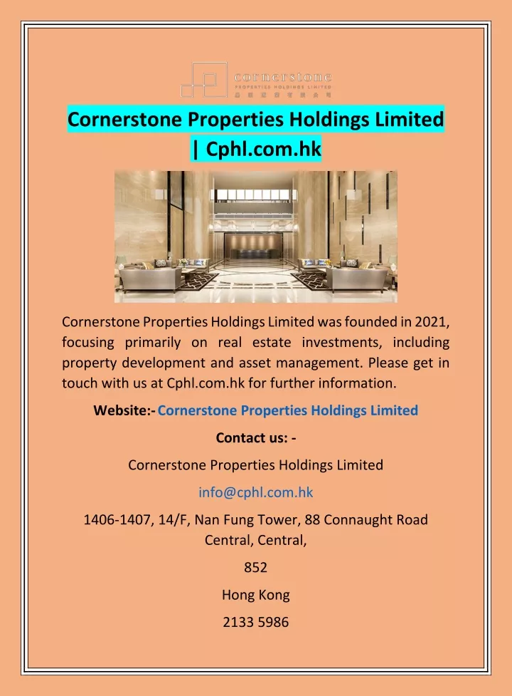 cornerstone properties holdings limited cphl