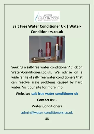 Salt Free Water Conditioner Uk | Water-Conditioners.co.uk