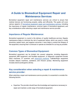 A Guide to  Biomedical Equipment Repair and Maintenance Services