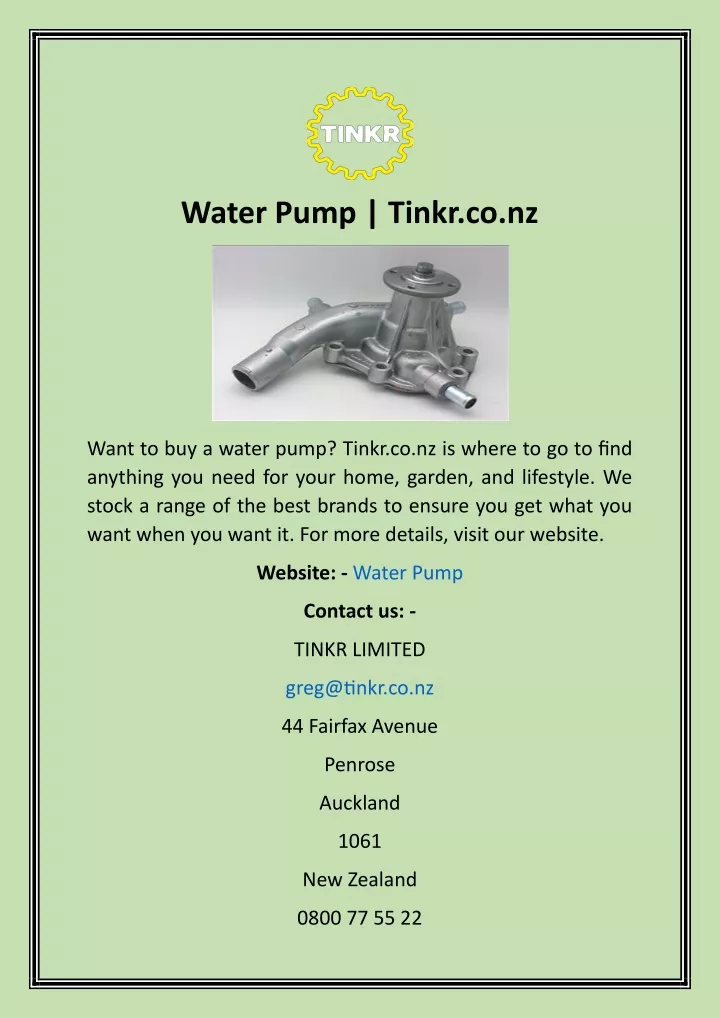 water pump tinkr co nz