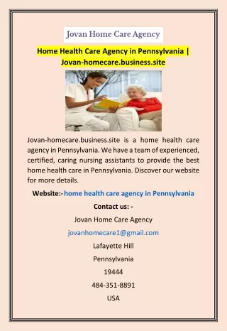 Home Health Care Agency in Pennsylvania | Jovan-homecare.business.site