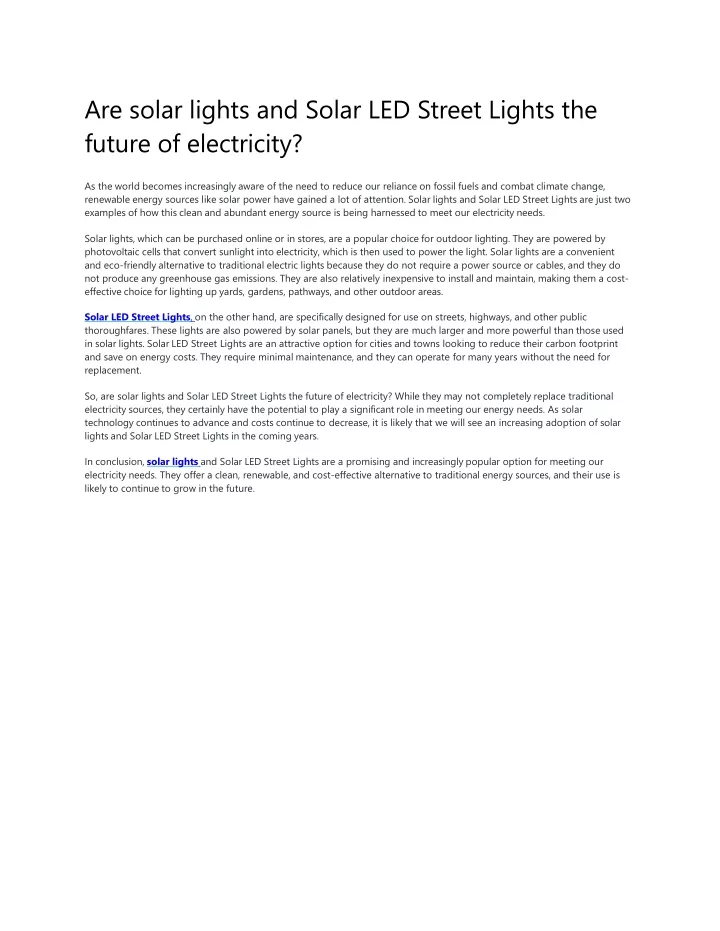 are solar lights and solar led street lights the future of electricity