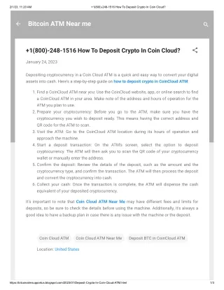 1(800)-248-1516 How To Deposit Crypto In Coin Cloud?