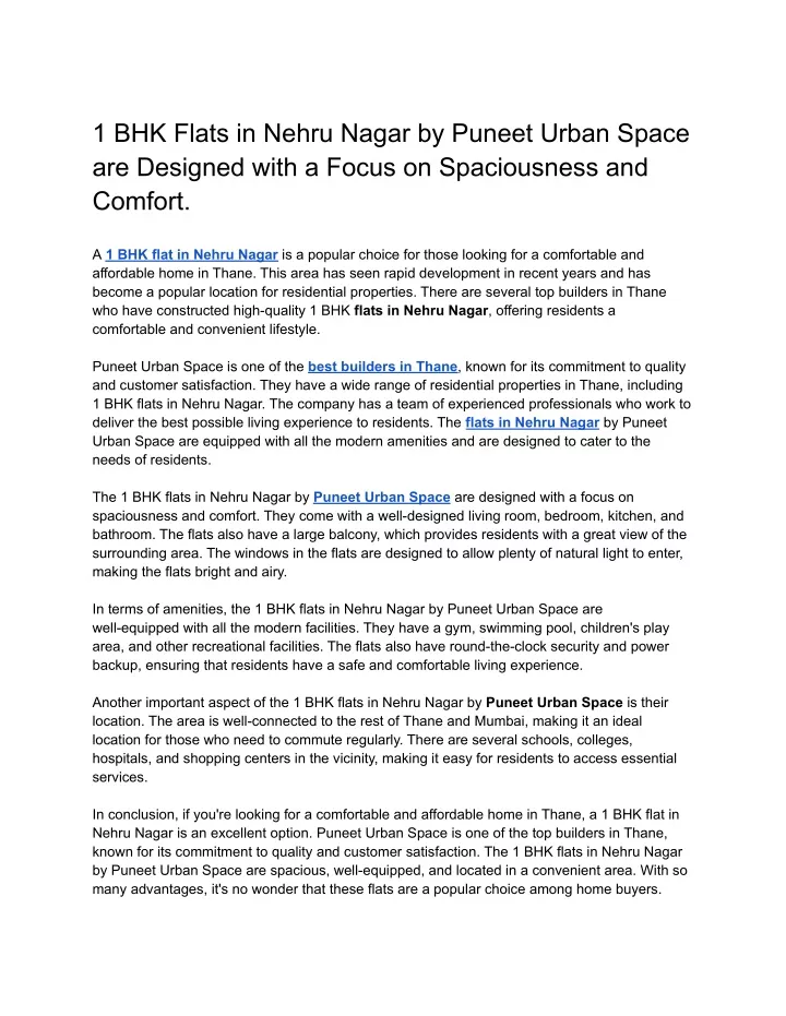 1 bhk flats in nehru nagar by puneet urban space