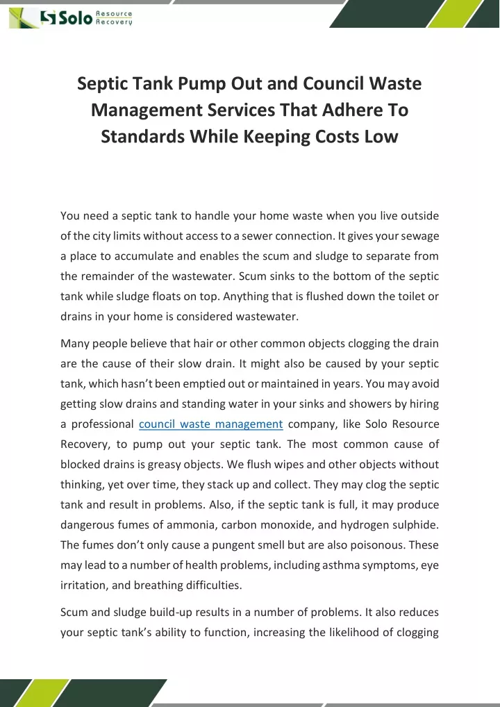 septic tank pump out and council waste management