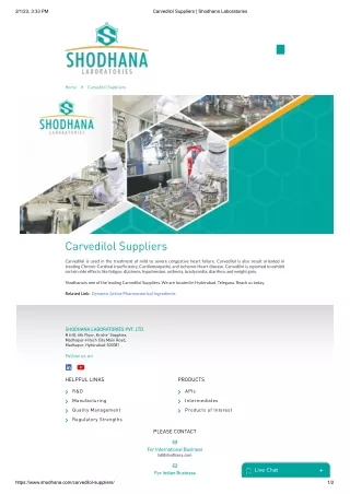 Carvedilol Suppliers | Shodhana Laboratories