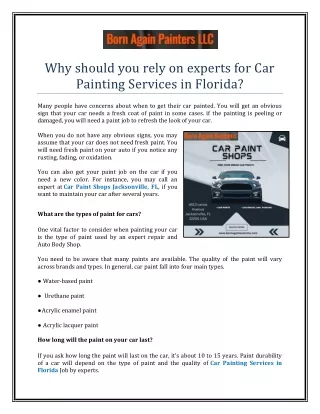 Why should you rely on experts for Car Painting Services in Florida?