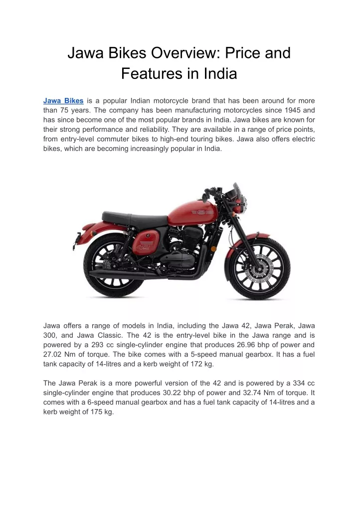 jawa bikes overview price and features in india