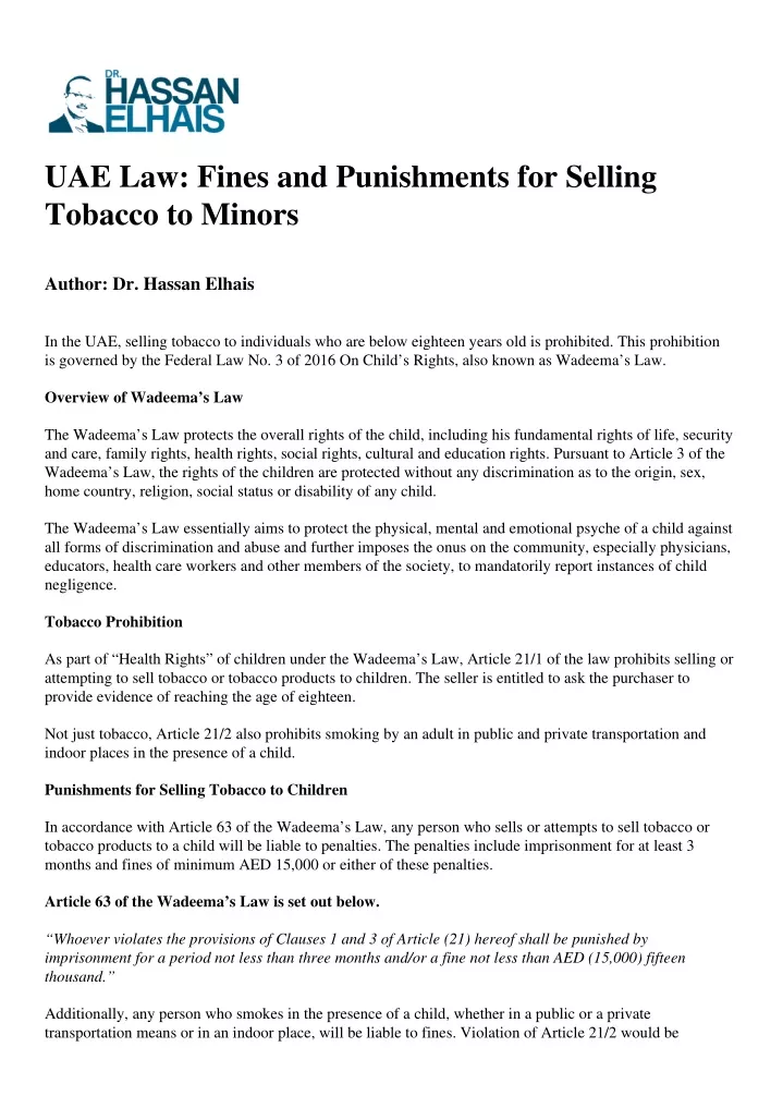 uae law fines and punishments for selling tobacco