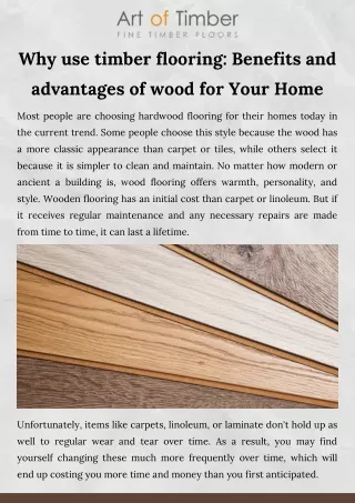 Why use timber flooring: Benefits and advantages of wood for Your Home