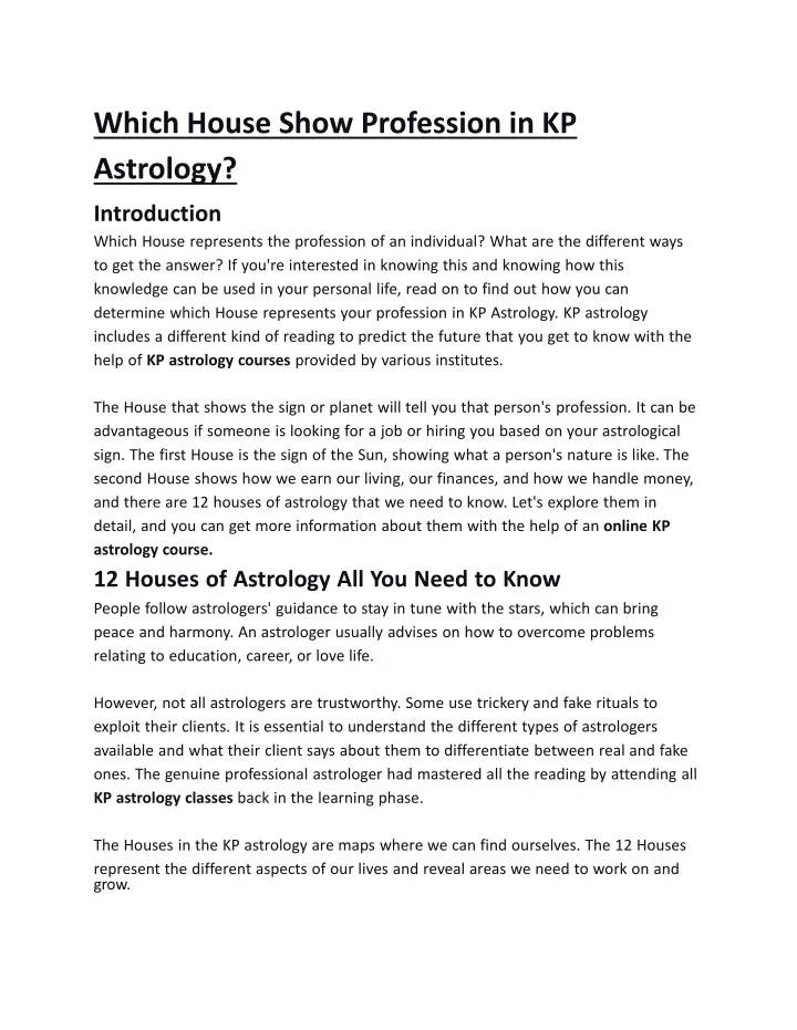 which house show profession in kp astrology