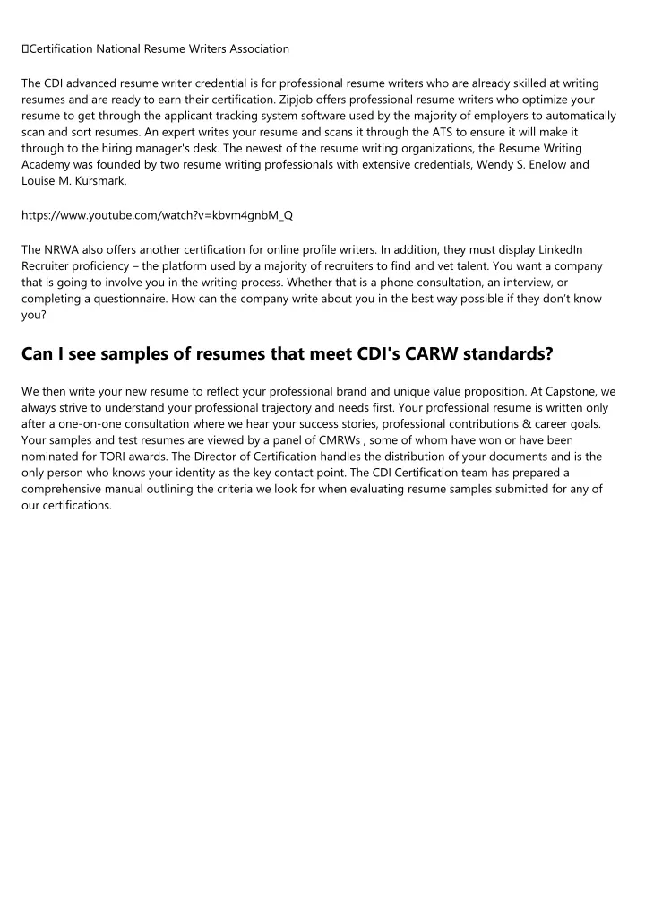 certification national resume writers association