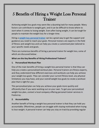 5 Benefits of Hiring a Weight Loss Personal Trainer