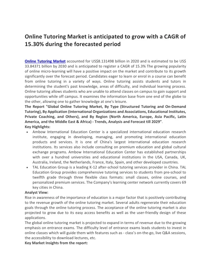 online tutoring market is anticipated to grow